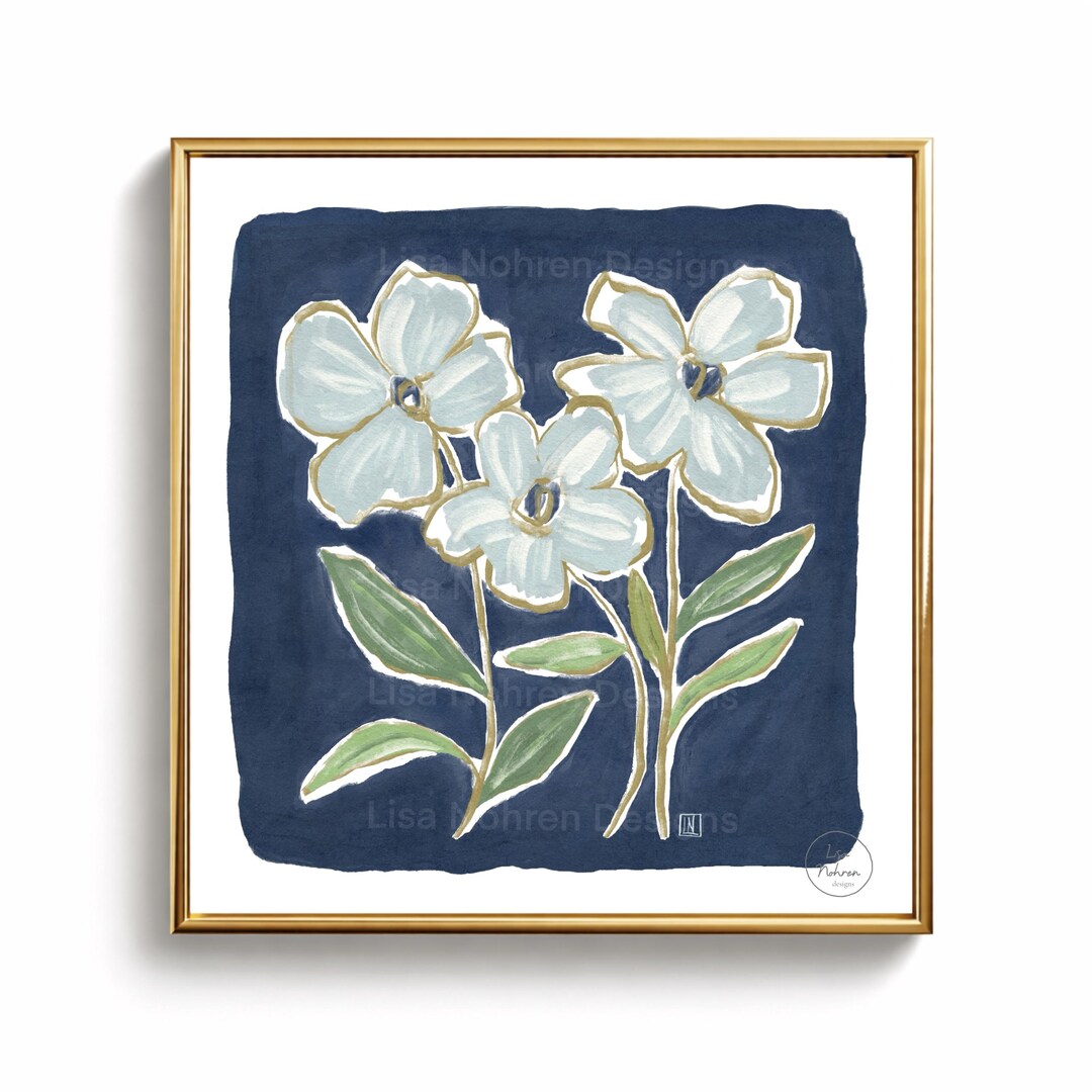 Navy Blue Abstract Floral Botanical Wall Art Print - Digital Download ...
