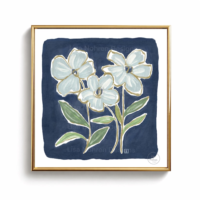 Navy Blue Abstract Floral Botanical Wall Art Print - Digital Download ...