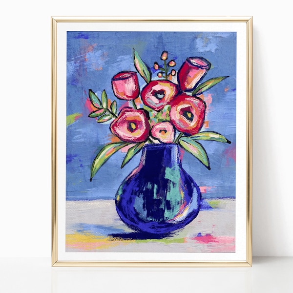 Colorful Abstract Impressionist Floral Vase Flower Art Painting Printable Wall Art Bright Bold Loose Floral Art Modern Minimalist Art