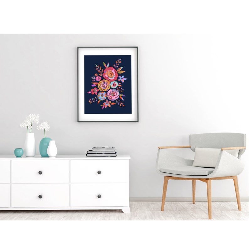Printable Colorful Navy Blue Floral Wall Art Botanical Modern Etsy