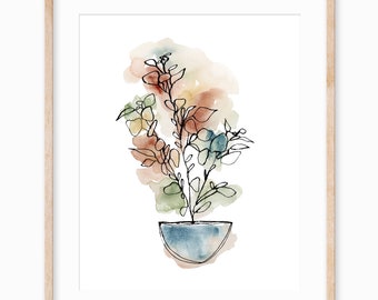 Watercolor and Ink Potted Plant Illustration Wall Art Downloadable Printable Instant Art Plant Lover Art Painting Botanical Leaves