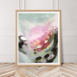 Abstrakte Acrylmalerei: Grün, Pink, Schwarz minimalistische Kunst (Digitalprint)