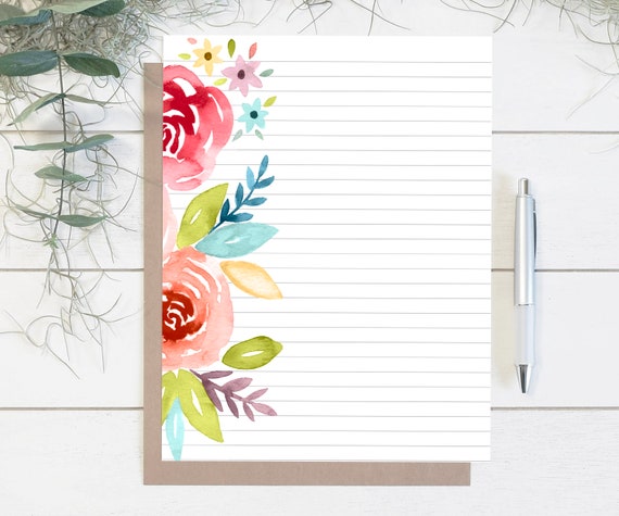 printable watercolor floral stationery lined letter writing etsy