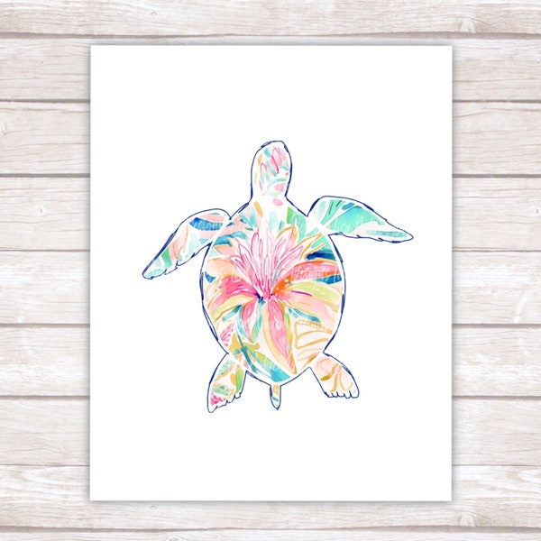 Turtle Art Print - Printable Wall Art - Watercolor Floral Print - Coastal Beach Art - Sea Life Illustration  Kids Nursery Printable Wall Art