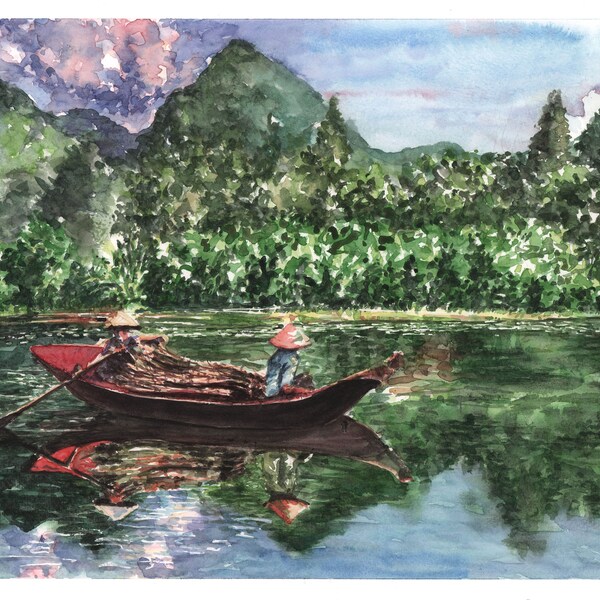 Original watercolor - Van Long Landscape - Ninh Binh - Vietnam - Land Halong Bay