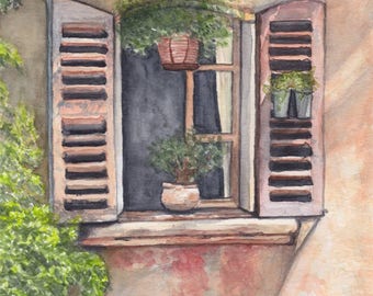 Original watercolor painting captures a window in Provence - France