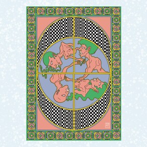 May include: A psychedelic illustration of four figures with green hair and pink skin, set against a background of a checkered pattern and a blue circle. The figures are arranged in a circular pattern, with their heads and bodies overlapping. The illustration is framed by a green, yellow, and pink border.