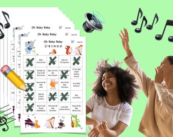 Baby Shower Games SONG BINGO cool game activity fun funny hip new popular instant download .pdf .mp3 music party unique fresh gender neutral