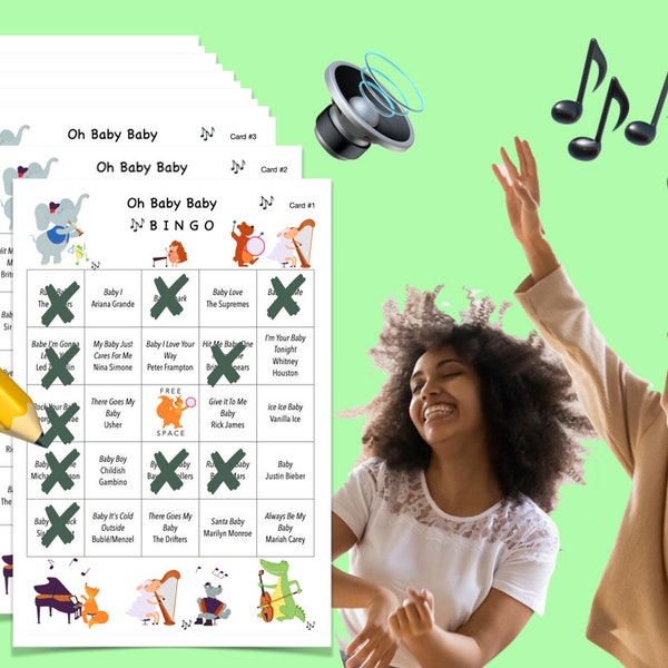 Babyshowerspellen LIED BINGO coole spelactiviteit leuk grappig hip nieuw populair instant download .pdf .mp3 muziekfeest uniek fris genderneutraal