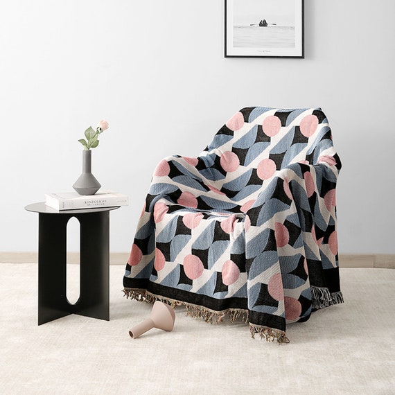 Blue Pink Throw Blanket INS Cotton Blanket Geometric Knitted Etsy