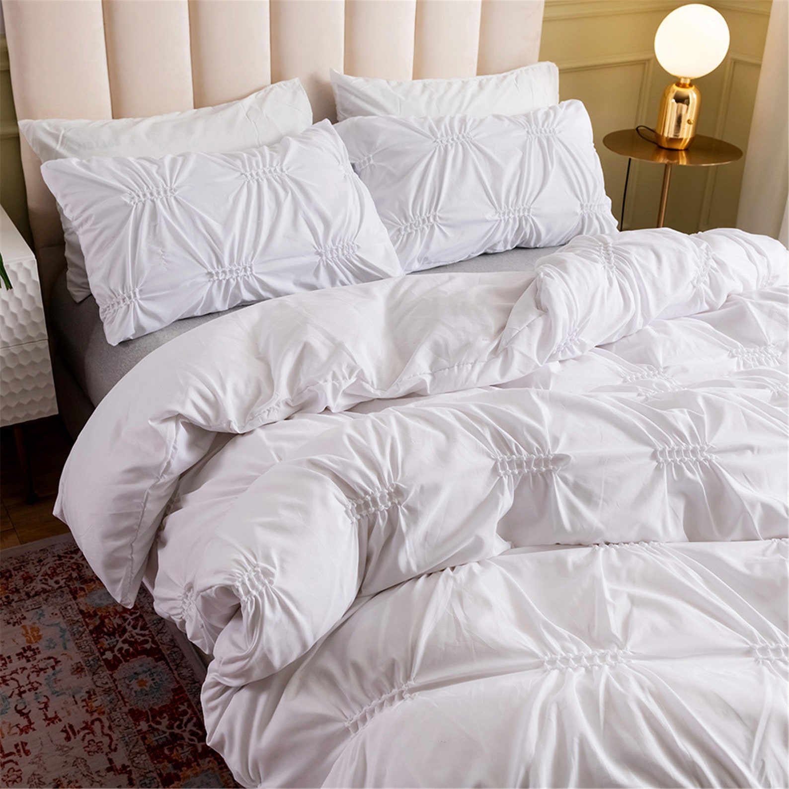 White Pinch Pleated Duvet Cover Set Solid Color Minimalist Etsy