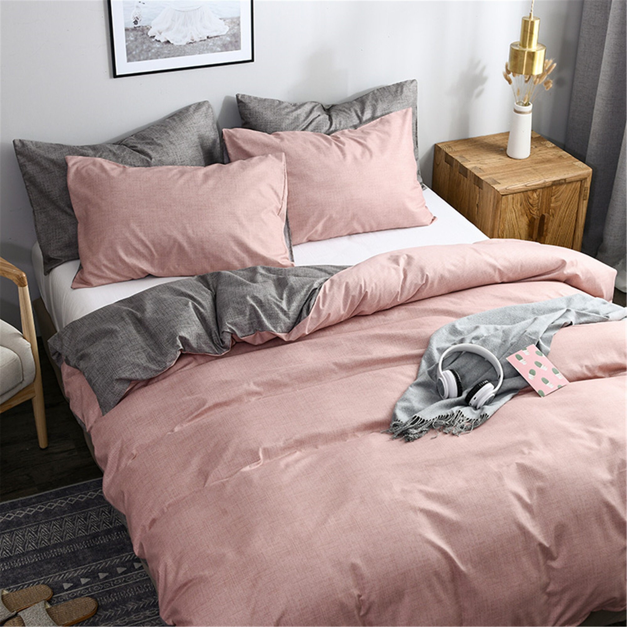 Duvet Cover Set Solid Bedding Microfiber Pink Gray Bed Set Etsy