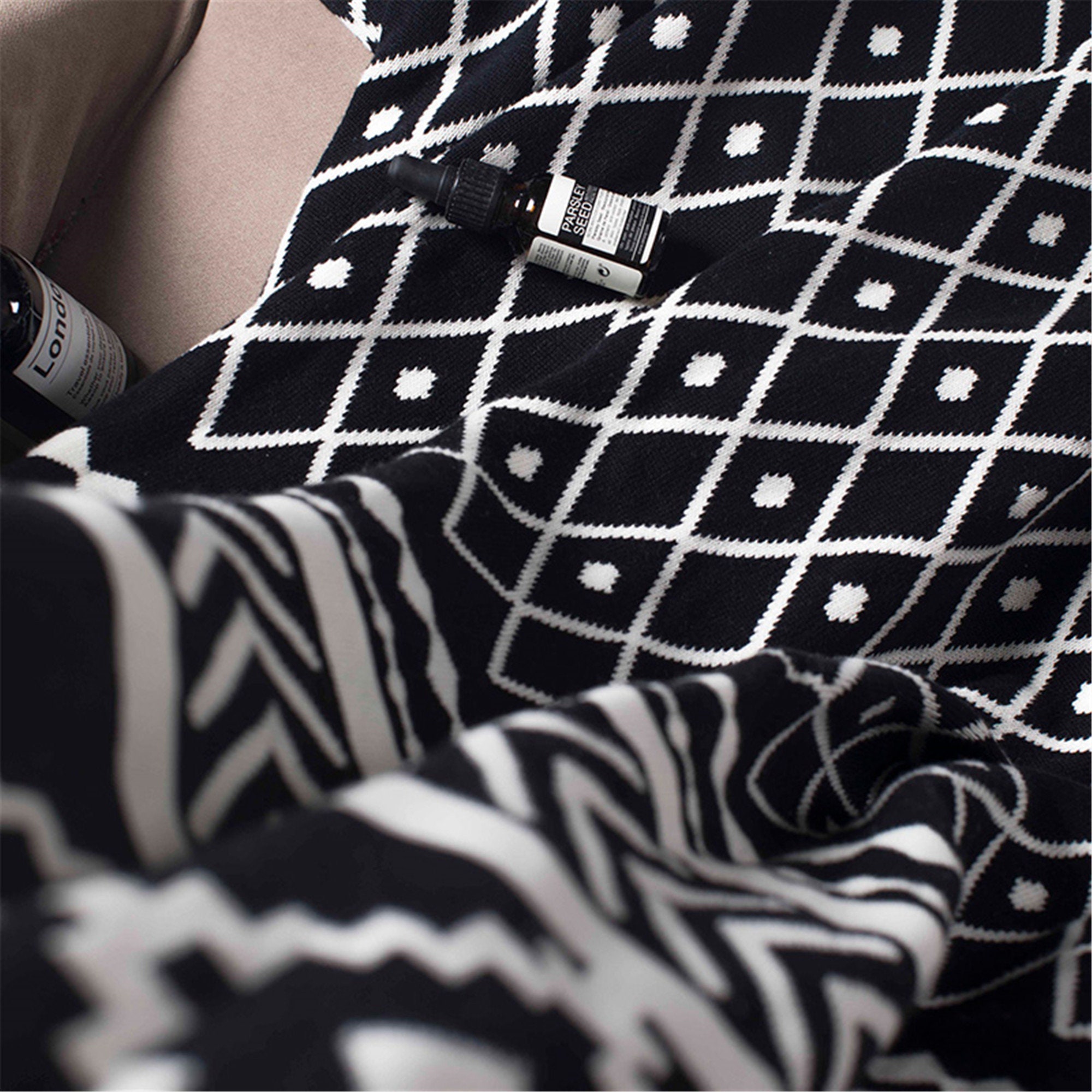 Cotton Knitted Throw Blanket Black White Geometric Blanket Etsy