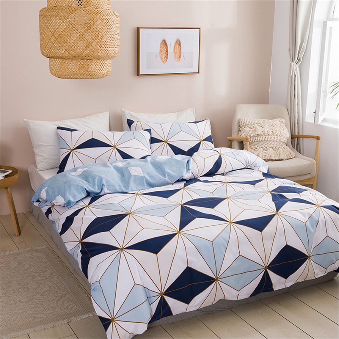 Triangle Duvet Cover Set Geometric Bedding Set Blue White Etsy