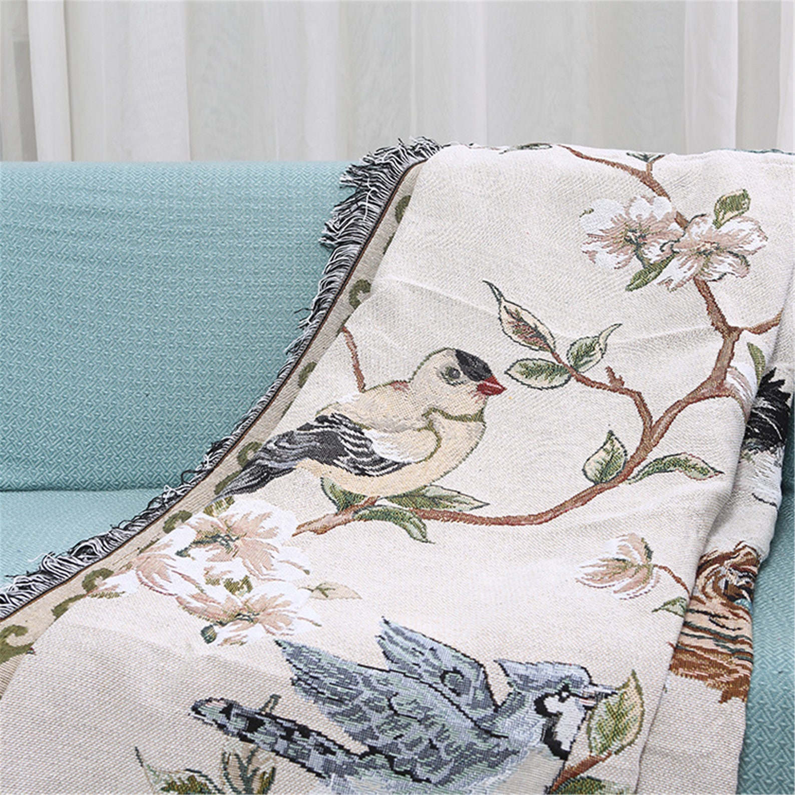 Decorative Throw Blanket with Tassel Floral Birds Knitting Etsy