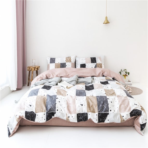 Geometric Cotton Duvet Cover Elegant Black White Yellow And Etsy