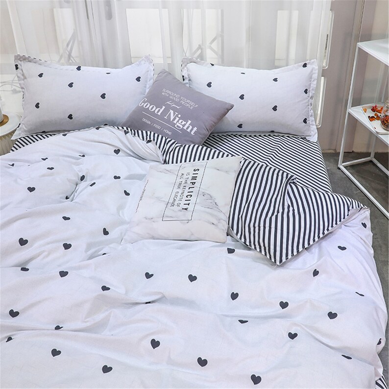 Duvet Cover Set Girls Cute Bedding Black Love Heart Bed Set Etsy