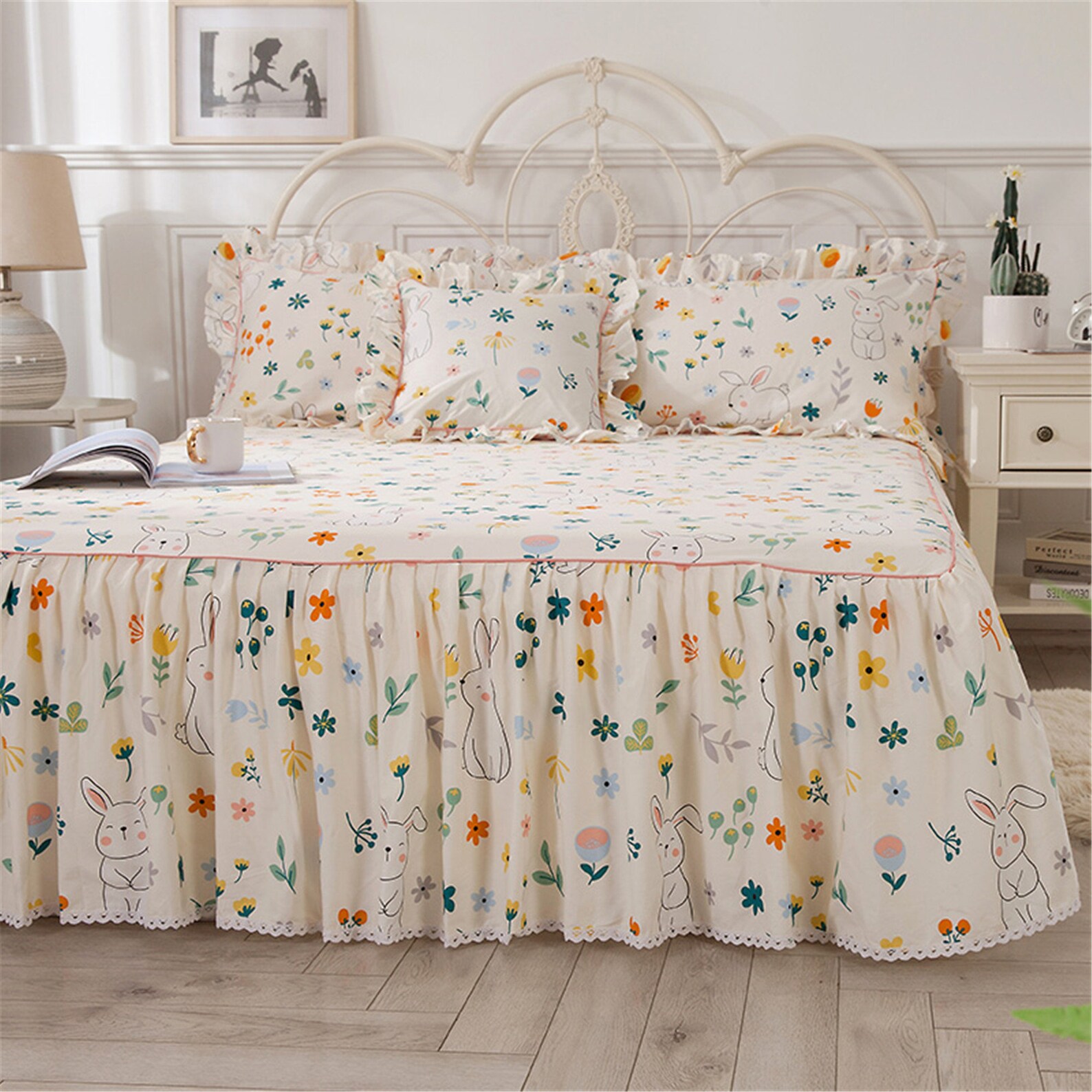 Floral Bed Skirt Lace Covered Bed Skirt Soft Cute Cotton Bed Etsy