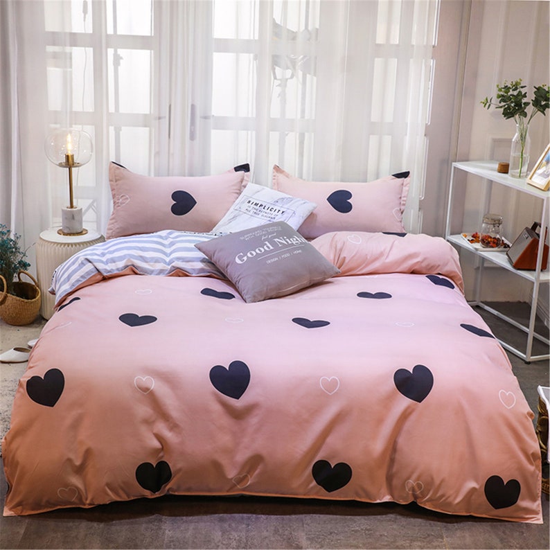 Duvet Cover Set Girls Cute Bedding Black Love Heart Bed Set Etsy
