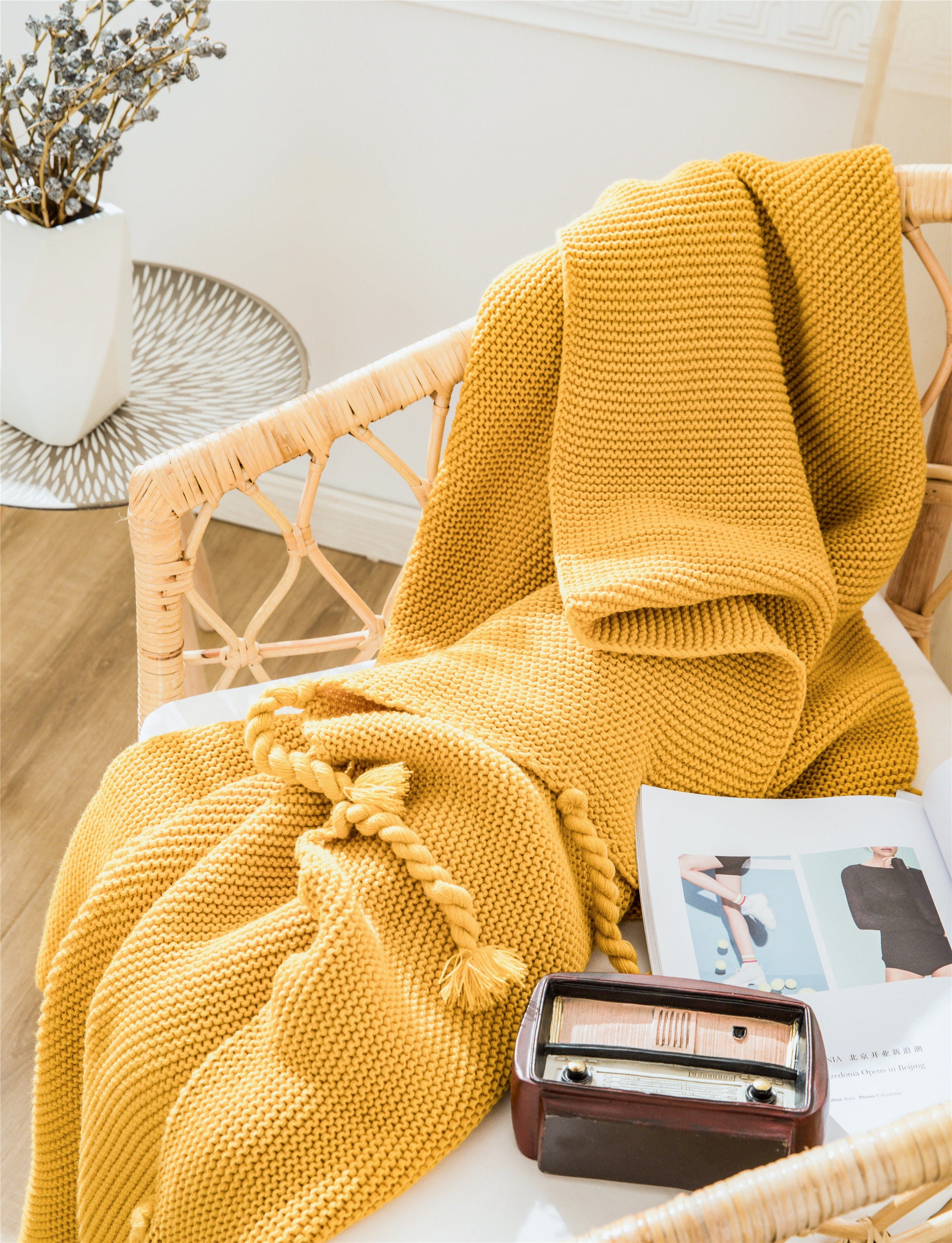 Yellow Knitted Throw Blanket Pure Color Minimalist Blanket | Etsy