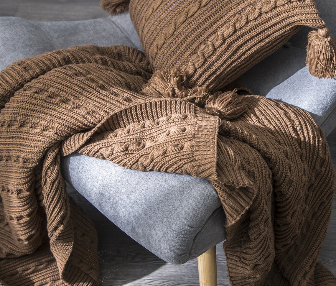 Khaki Knitted Throw Blanket Pure Color Decorative Blanket Etsy