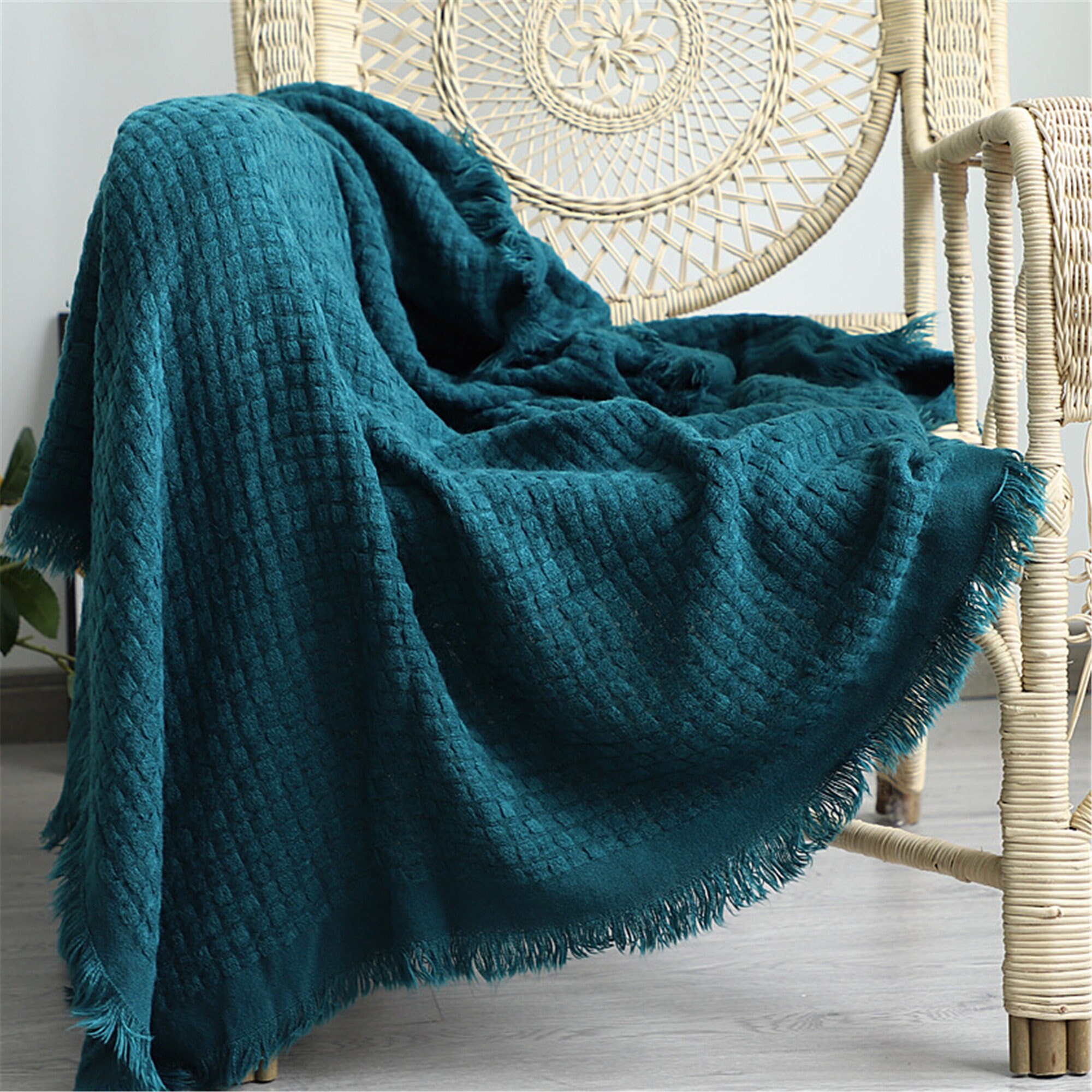 Peacock Blue Throw Blanket INS Morandi Color Blanket Knitted Etsy