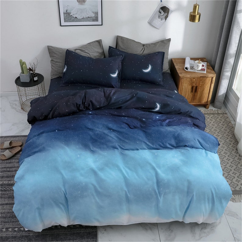 Blue Duvet Cover Set Starry Sky Bedding Set Moon Bed Set Etsy