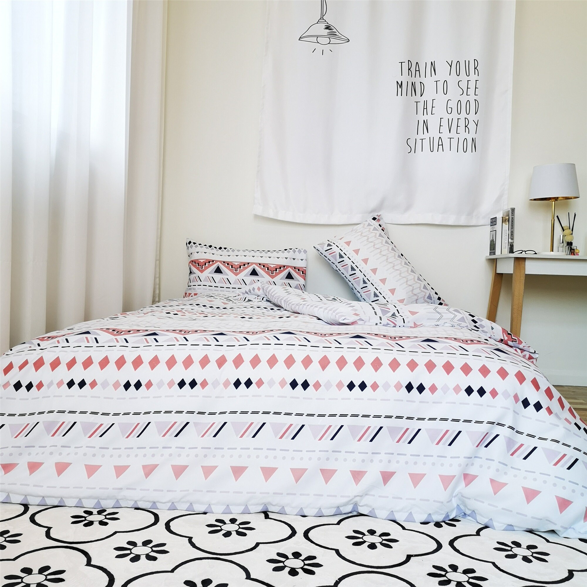 Pink Geometric Duvet Cover Set Stripes Rhombus Triangle Etsy