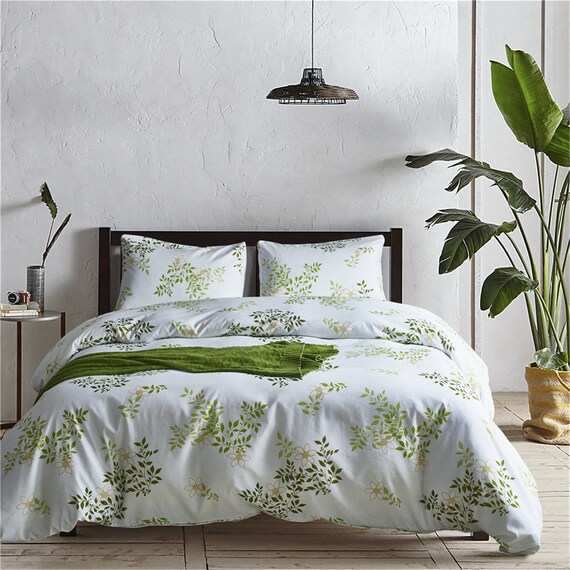 Botanical Duvet Cover Green Leaves And Flowers Bedding Soft Etsy