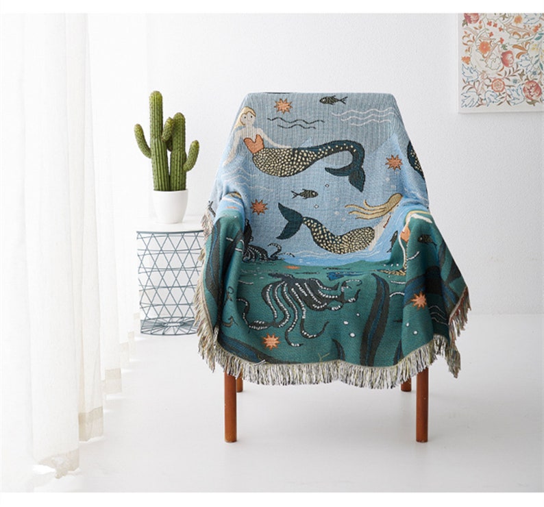 Mermaid Throw Blanket with Tassel Underwater World Cotton Etsy