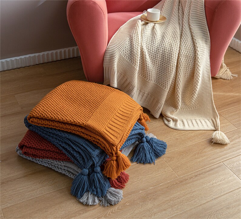 Rusty Red Knitted Throw Blanket Tassel Pom Pom Blanket Pure Etsy