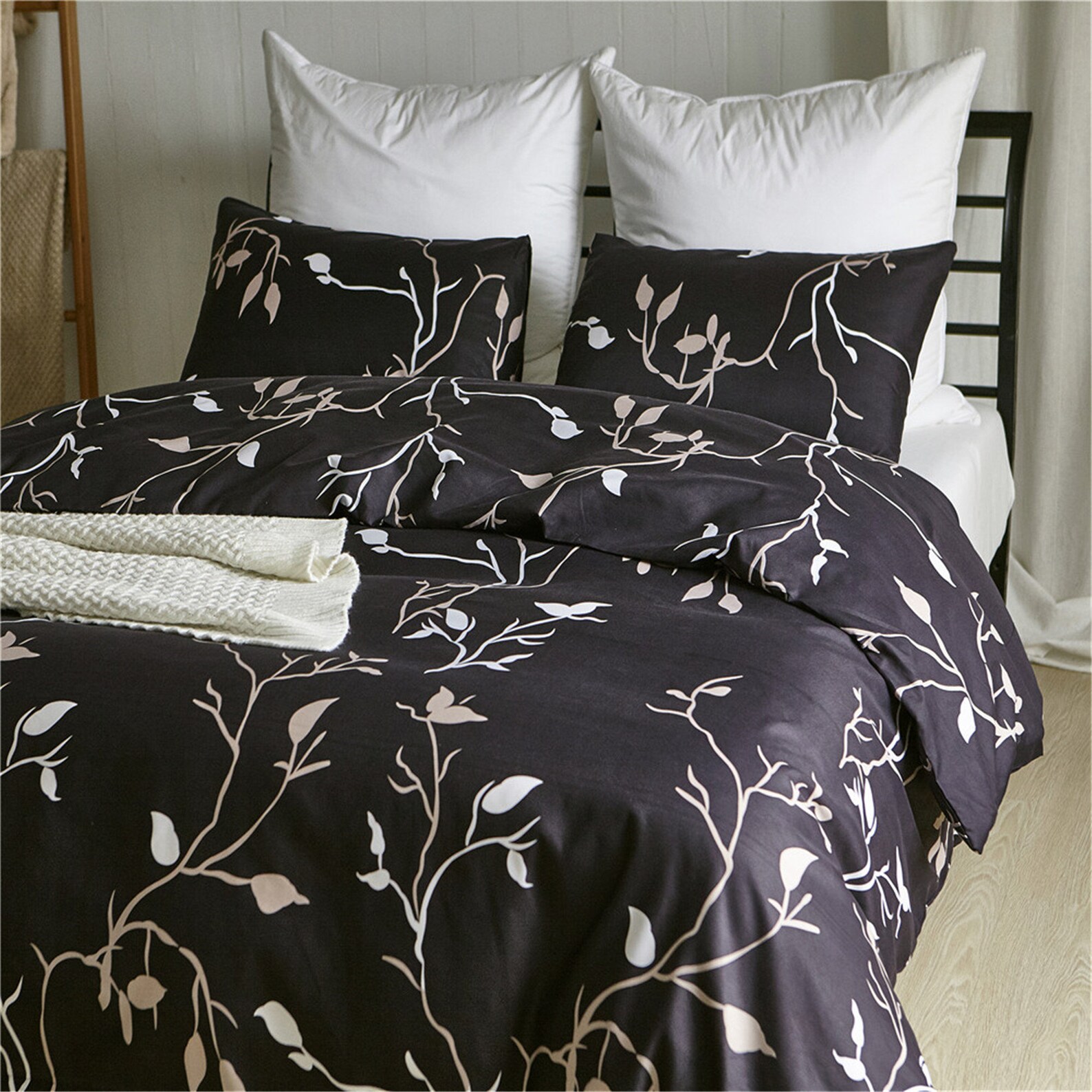 Botanical Duvet Cover Black Bedding Set with White Floral Etsy
