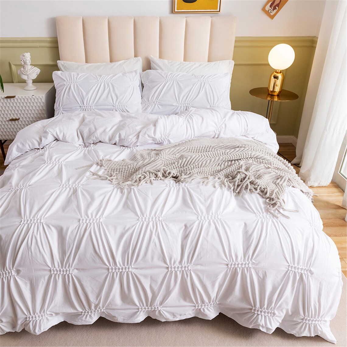 White Pinch Pleated Duvet Cover Set Solid Color Minimalist Etsy