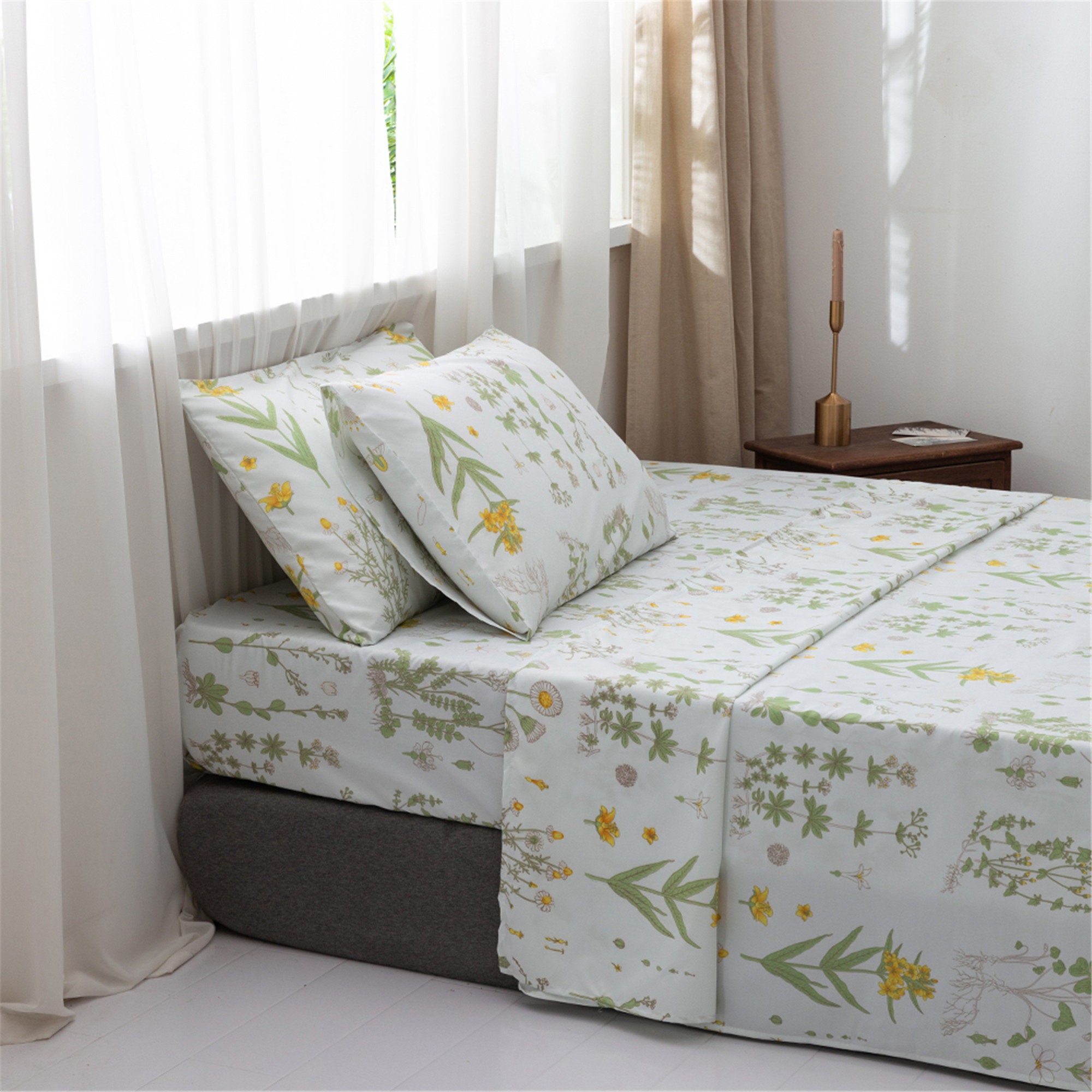 Light Green Bed Sheet Set Floral Leaves Bed Sheet Set | Etsy