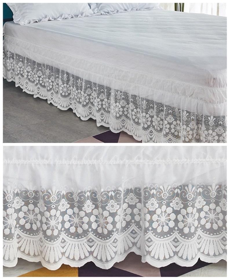 White Lace Stretch Bed Skirt Elastic Wrap Around Elastic Bed Etsy