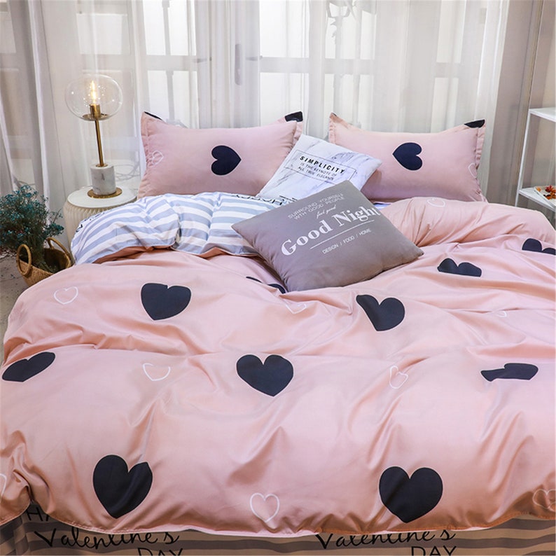 Duvet Cover Set Girls Cute Bedding Black Love Heart Bed Set Etsy