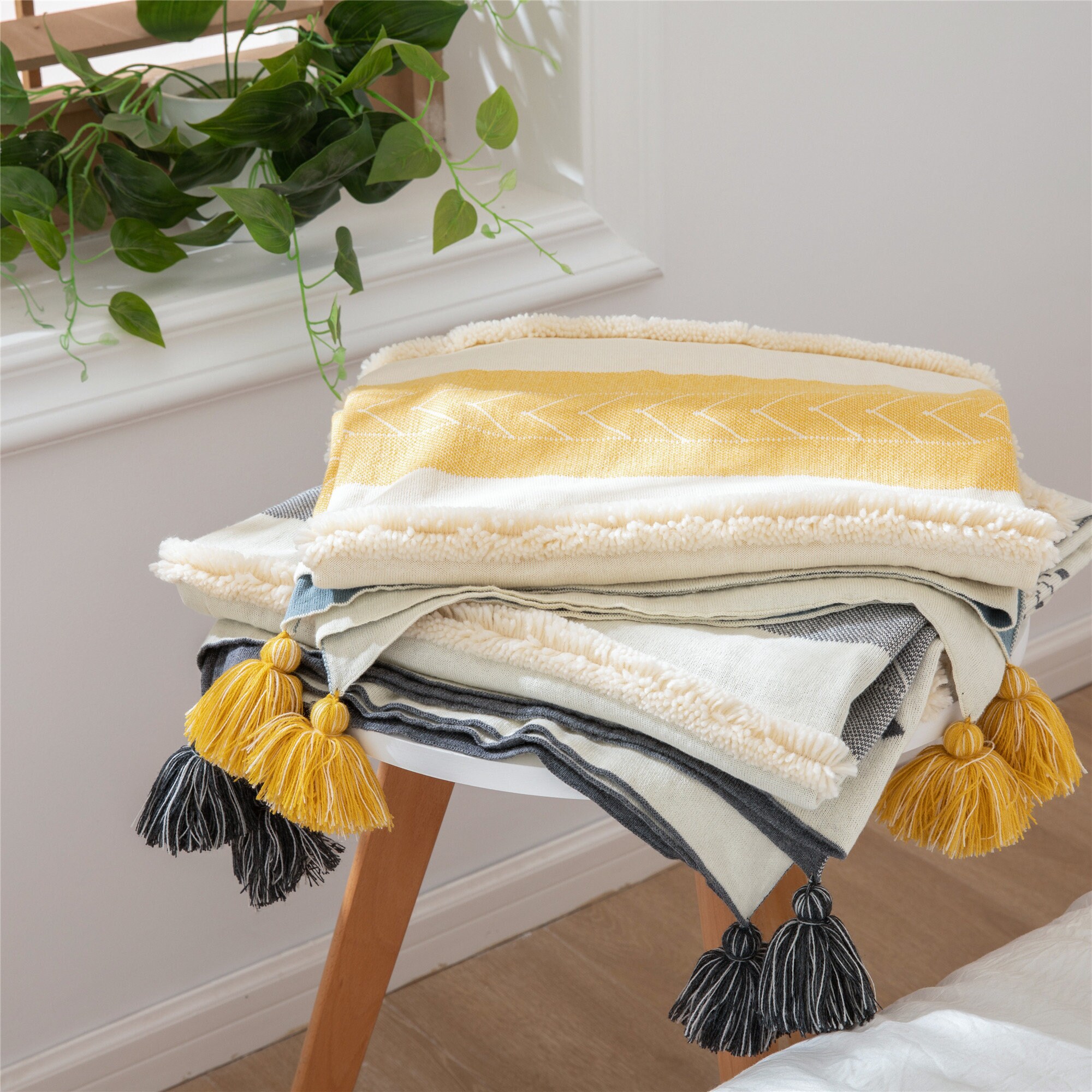 Yellow White Blue Geometric Throw Blanket Soft Cotton Knitted Etsy