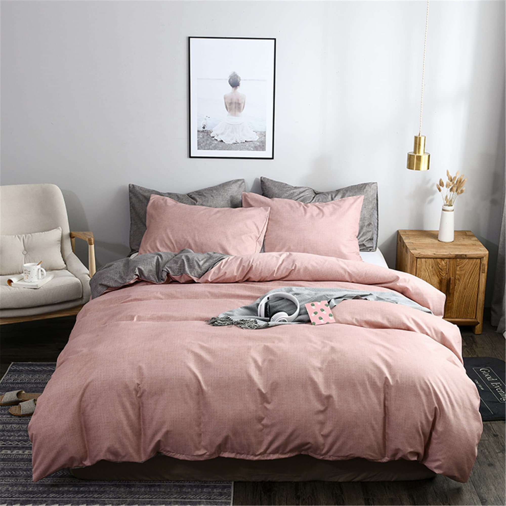 Duvet Cover Set Solid Bedding Microfiber Pink Gray Bed Set Etsy