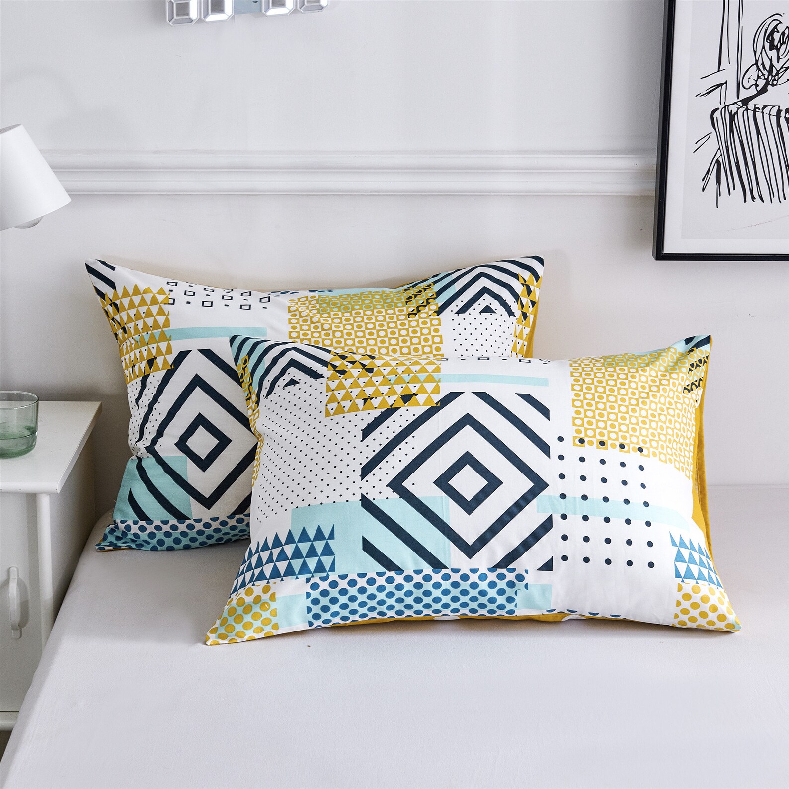Cotton Duvet Cover Set Blue Yellow White Geometric Bedding Set Etsy