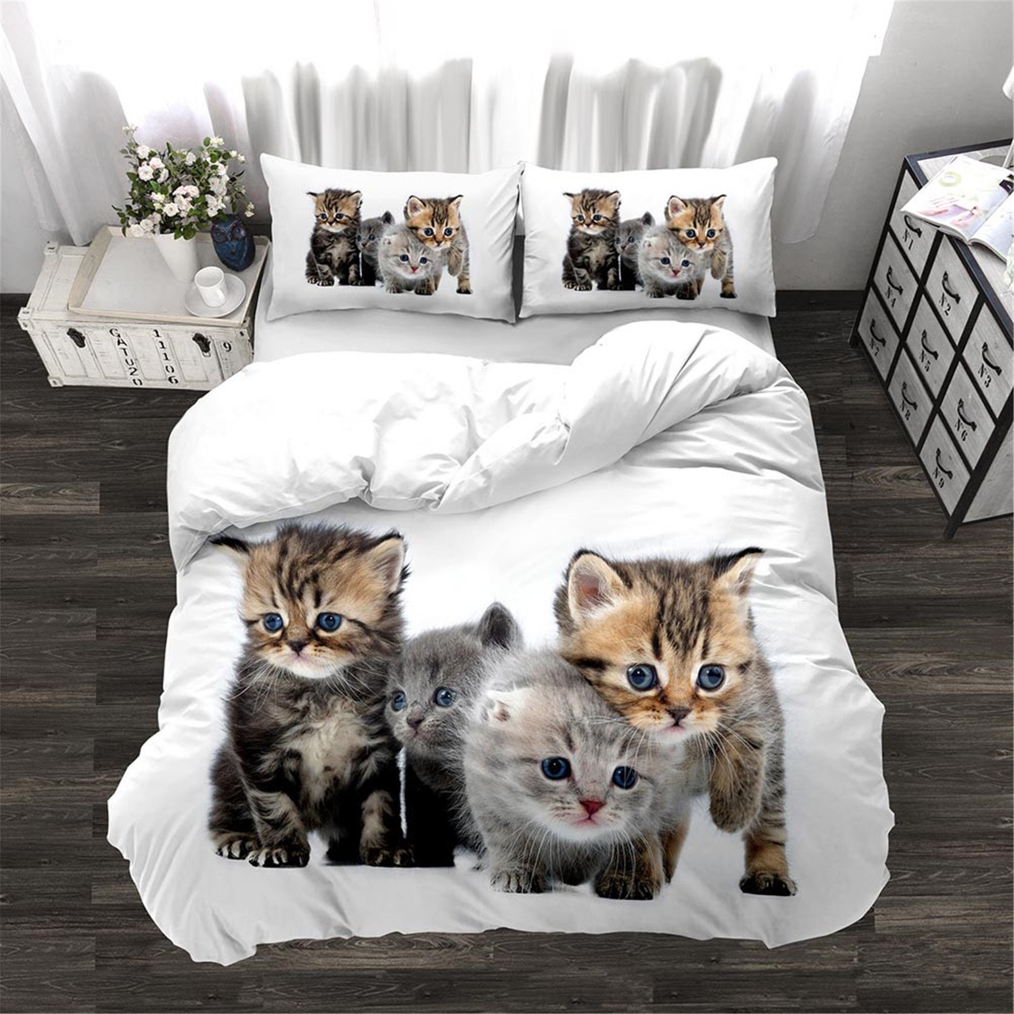 White Duvet Cover Set Cats Bedding Set Twin Full Bed Set Etsy