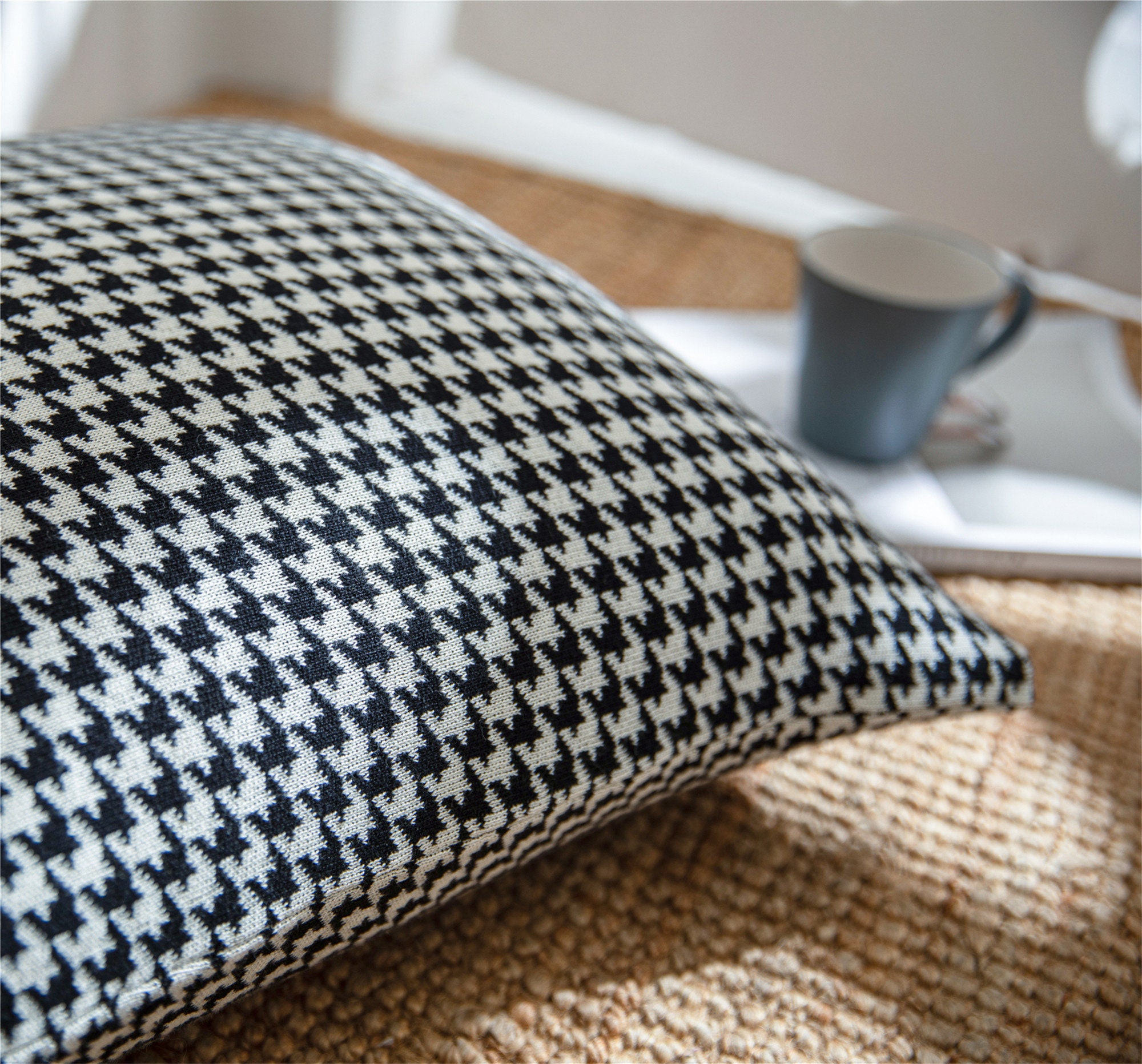 Houndstooth Throw Pillow Cover Black White Cotton Knitted Etsy