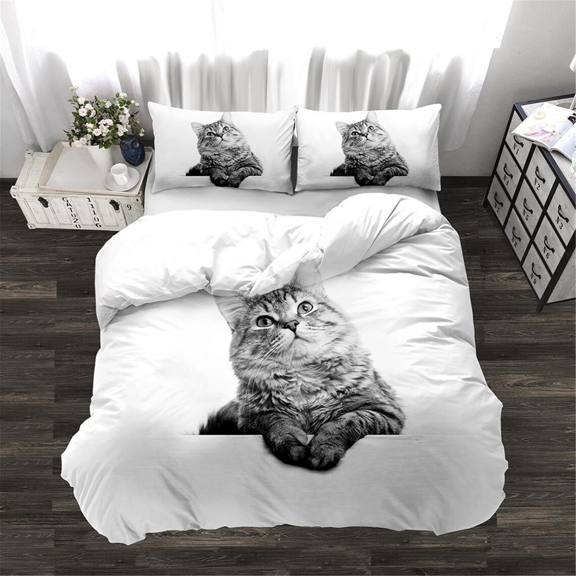 White Duvet Cover Sets Cute Cat Bedding Set Twin/Full Bed Set Etsy
