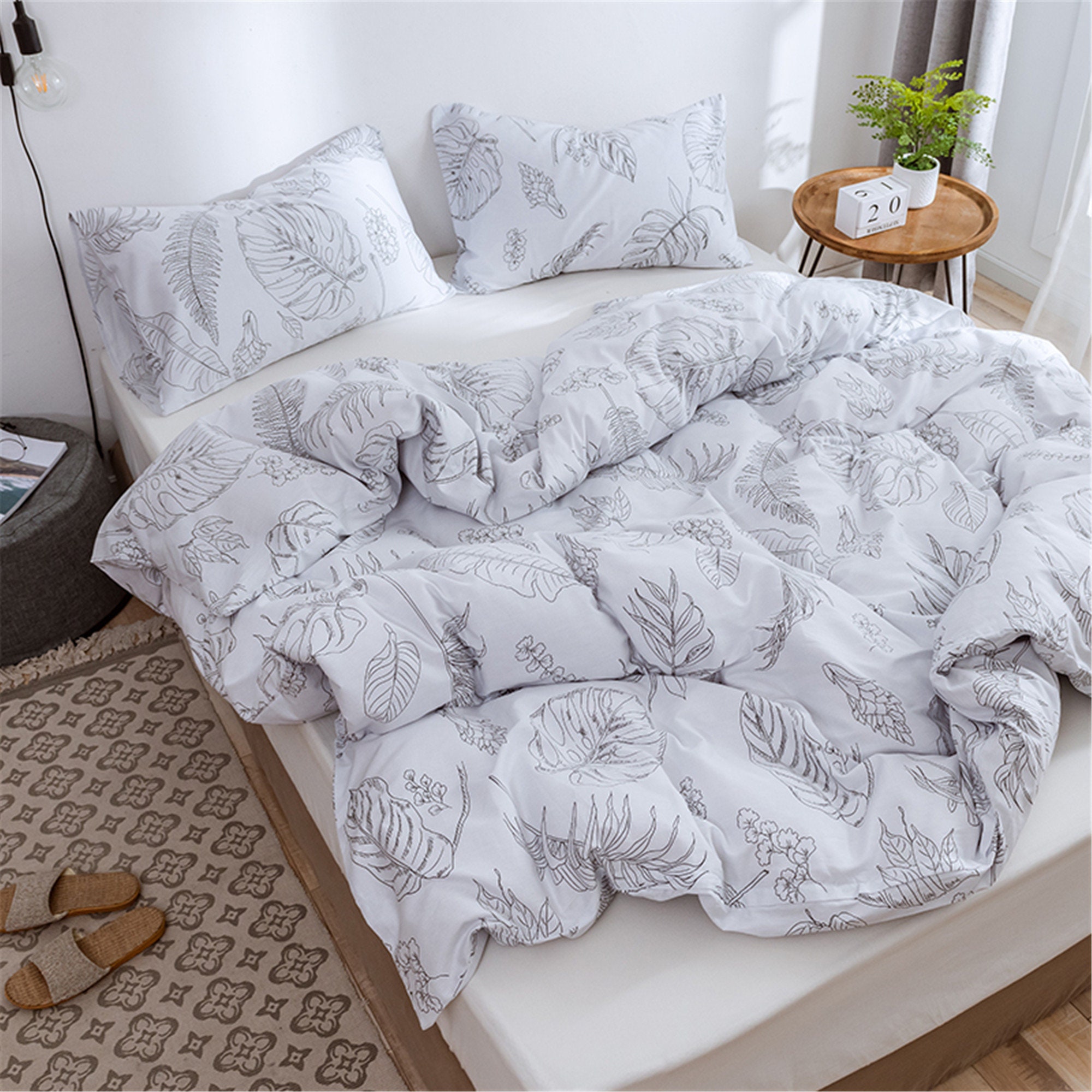 White Soft Cotton Duvet Cover Set Floral Bedding Set Palm Etsy