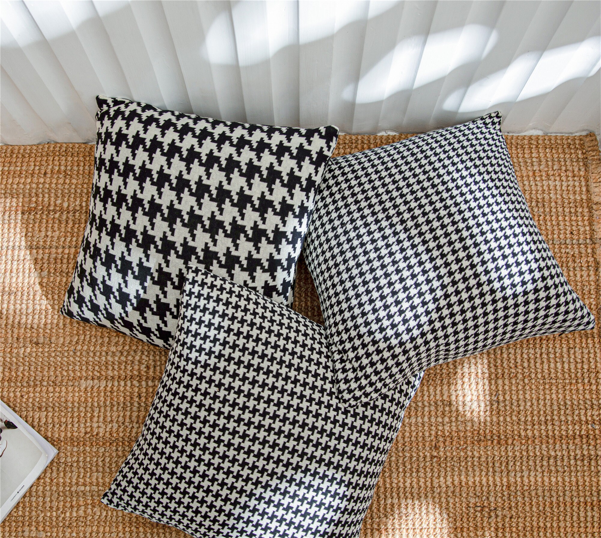 Houndstooth Throw Pillow Cover Black White Cotton Knitted Etsy