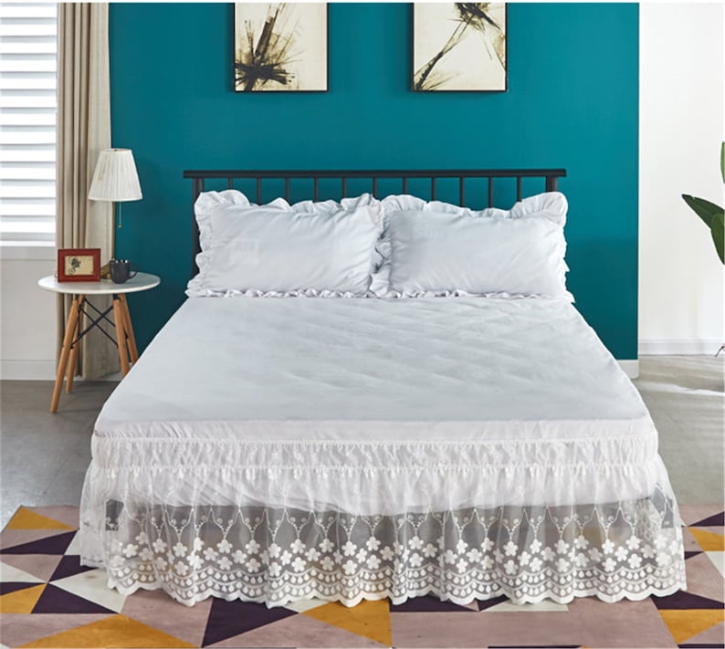 White Lace Stretch Bed Skirt Elastic Wrap Around Elastic Bed Etsy