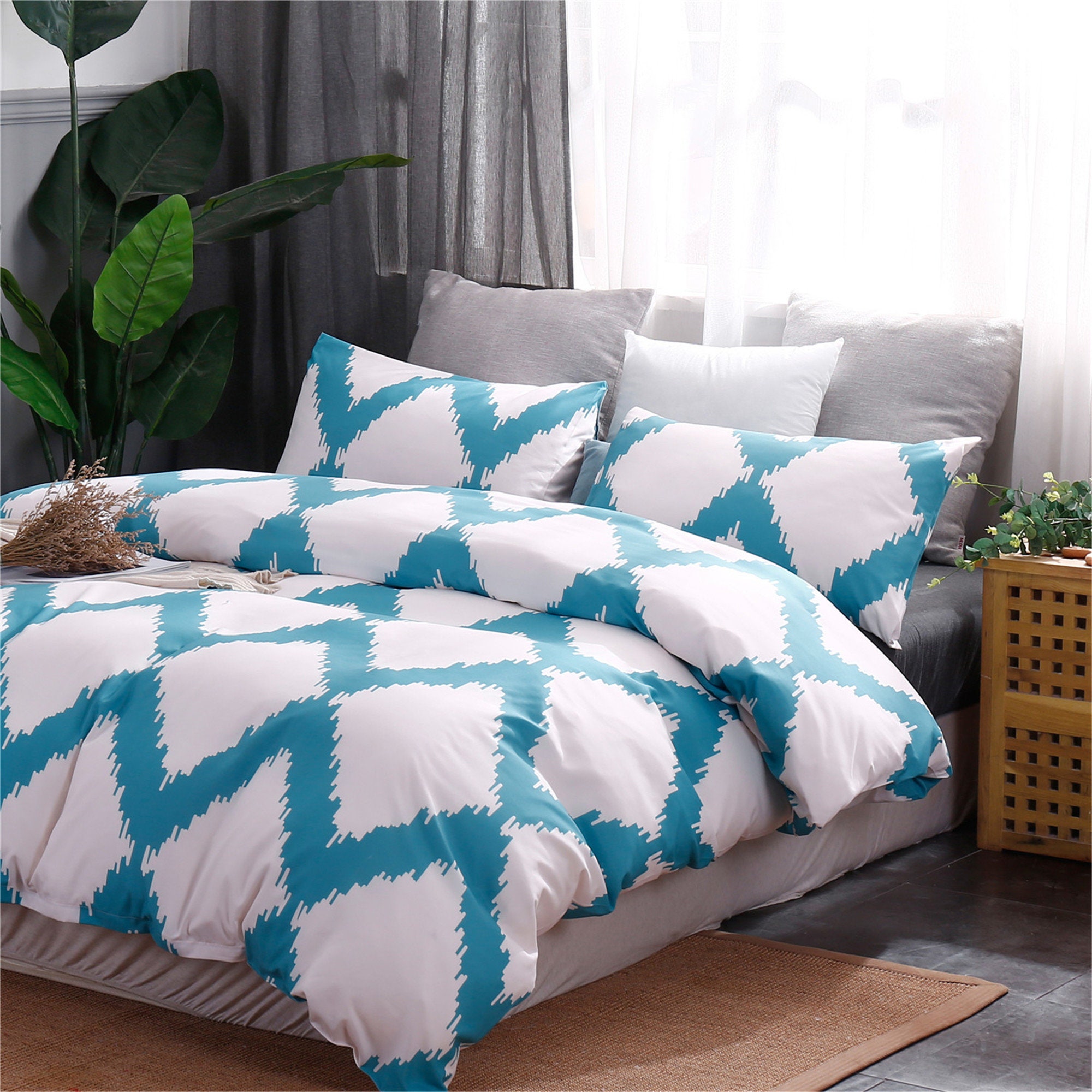 Boho Duvet Cover Set Geometric Bedding Sets Blue Wave Ripple Etsy