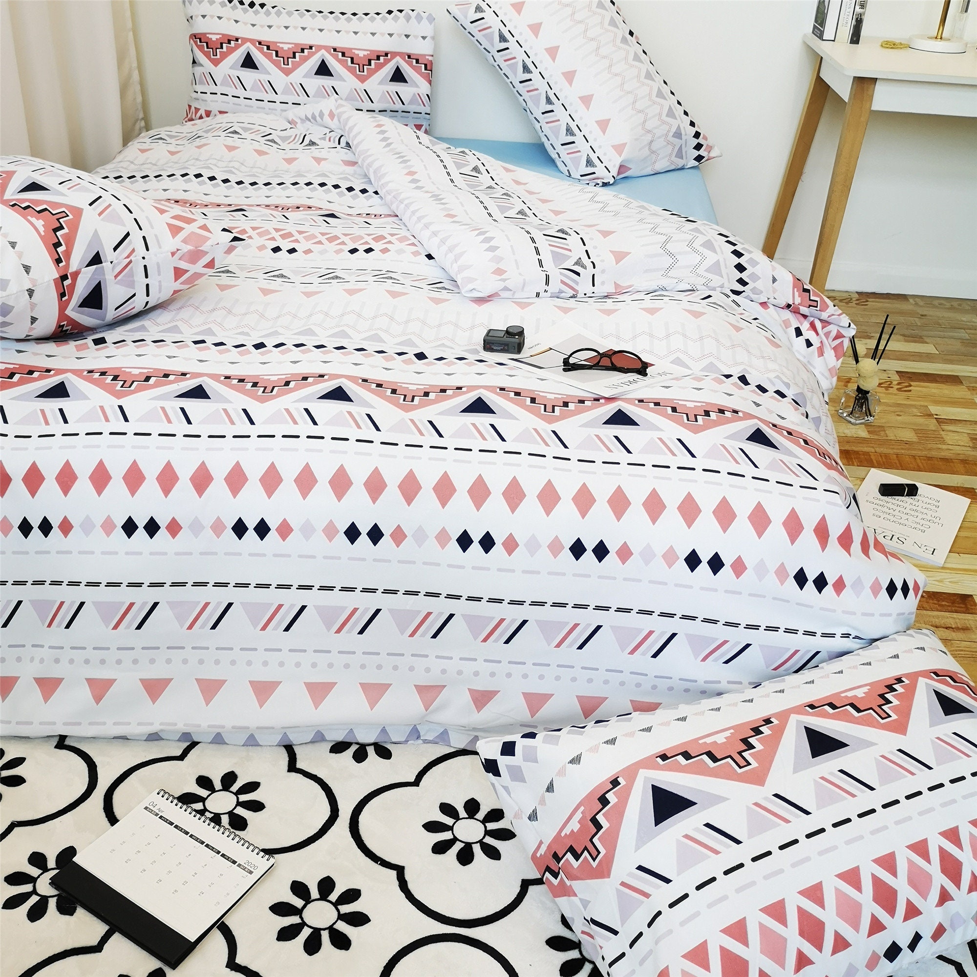 Pink Geometric Duvet Cover Set Stripes Rhombus Triangle Etsy