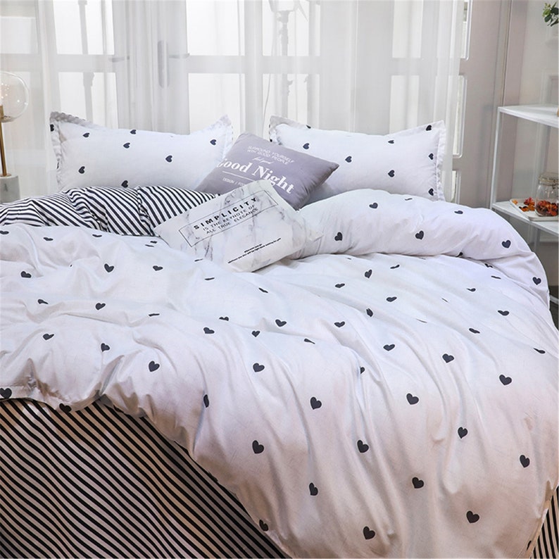 Duvet Cover Set Girls Cute Bedding Black Love Heart Bed Set Etsy