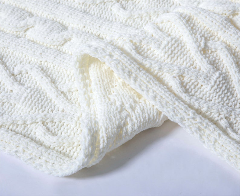White Knitted Throw Blanket Soft Chenille Decorative ...