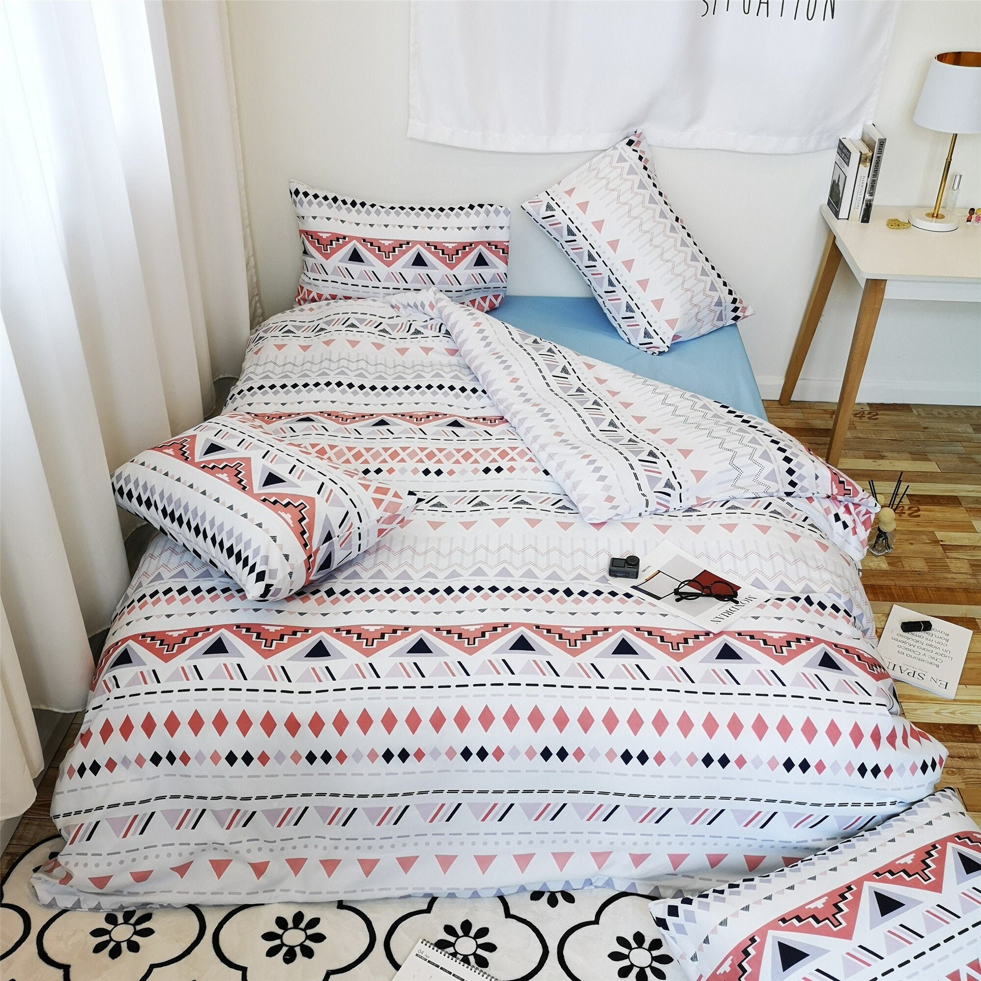 Pink Geometric Duvet Cover Set Stripes Rhombus Triangle Etsy